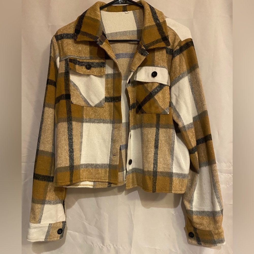Plaid shacket, Medium, Mustard and Tan Plaid